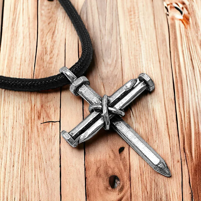 Antique Nail Cross Necklace In Pewter