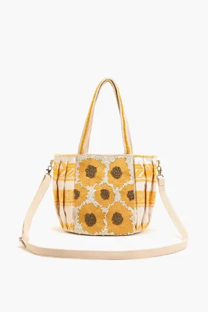 Beaded Ruched Tote with Crossbody Strap-Sunflower