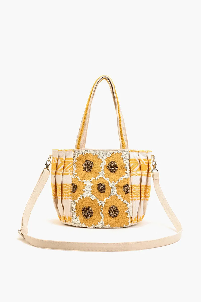 Beaded Ruched Tote with Crossbody Strap-Sunflower