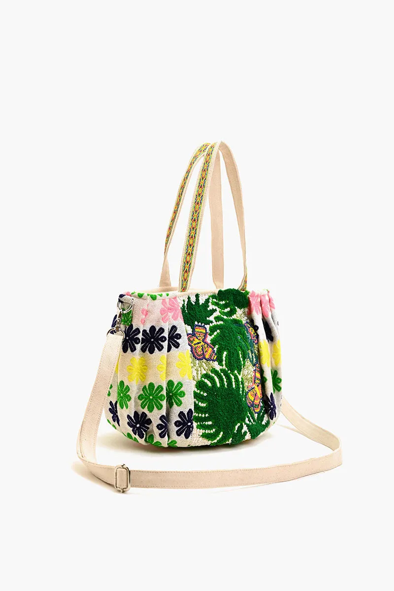 Beaded Ruched Tote with Crossbody Strap-Tropical