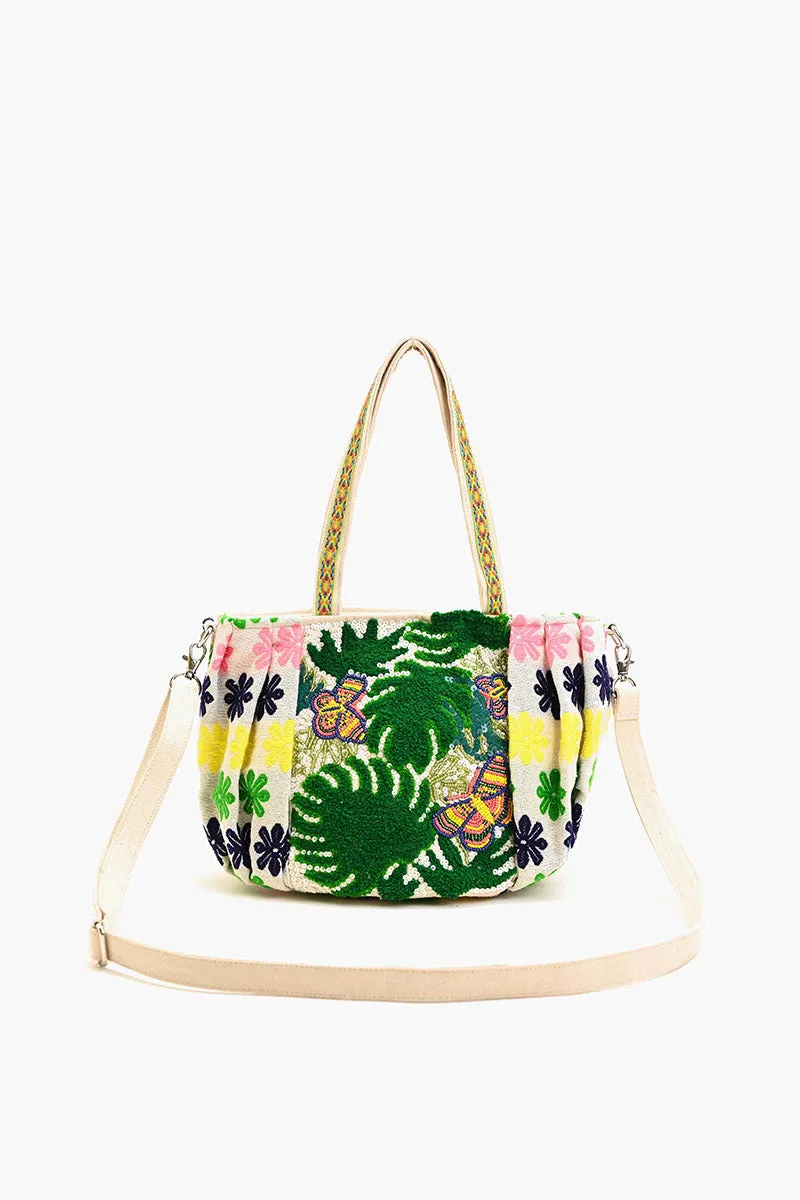 Beaded Ruched Tote with Crossbody Strap-Tropical