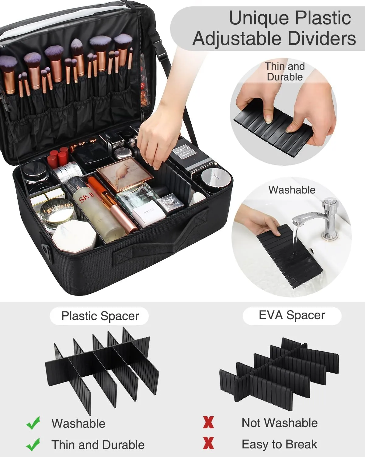 Black Extra Large Makeup Case with Plastic Dividers