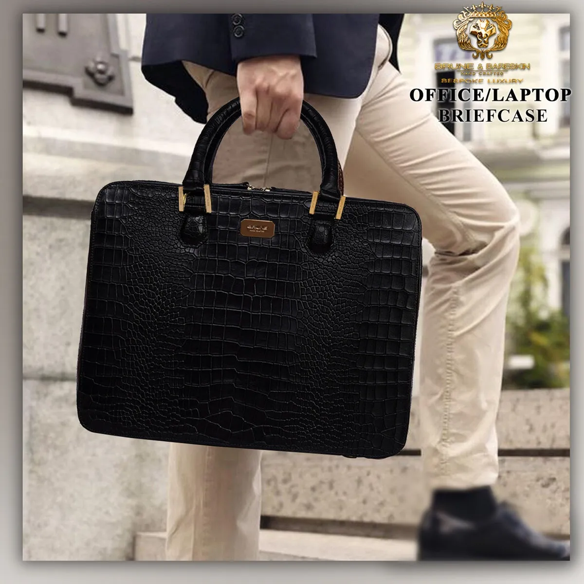 Black Laptop Briefcase In Croco Textured Leather