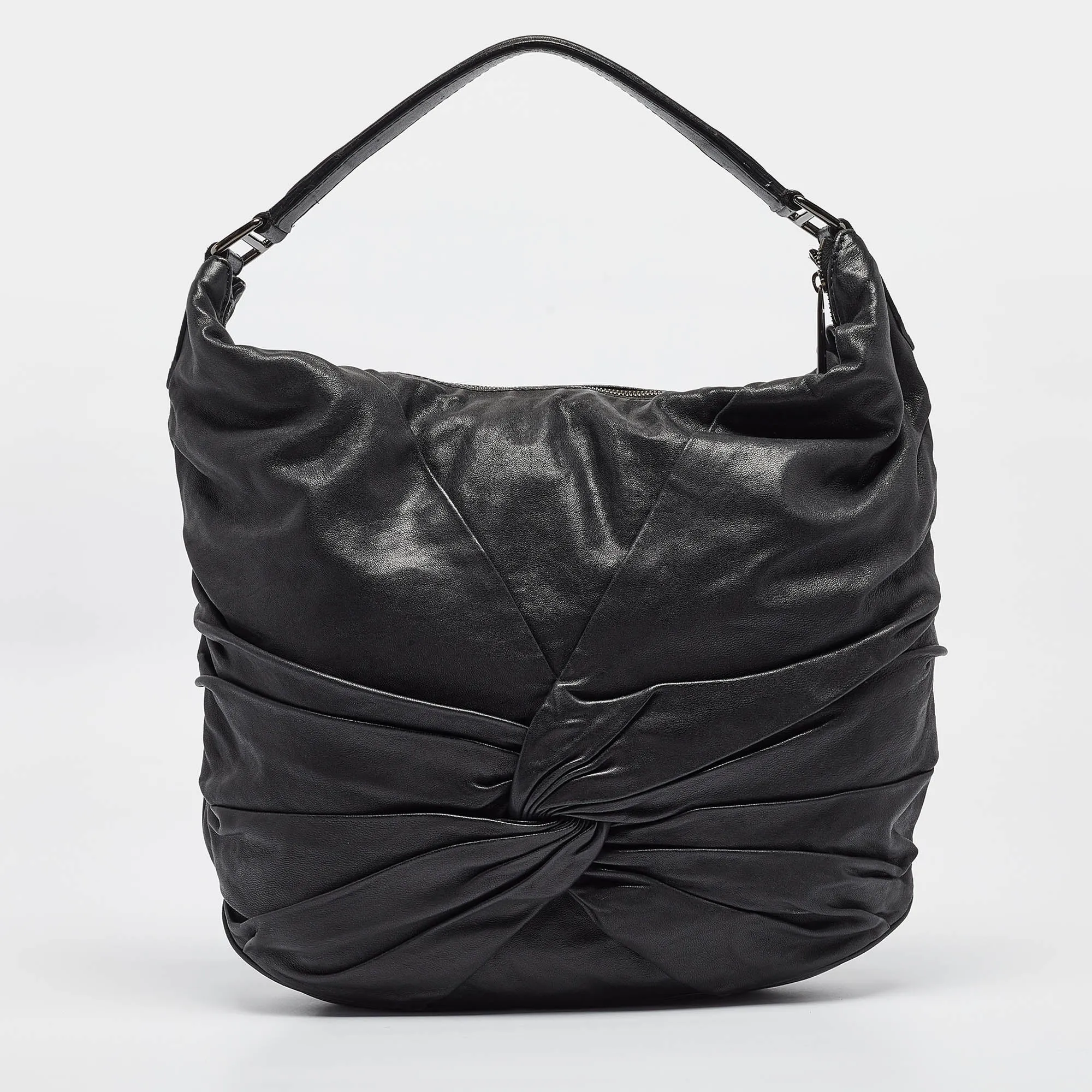 BURBERRY Black Leather Ruched Hobo