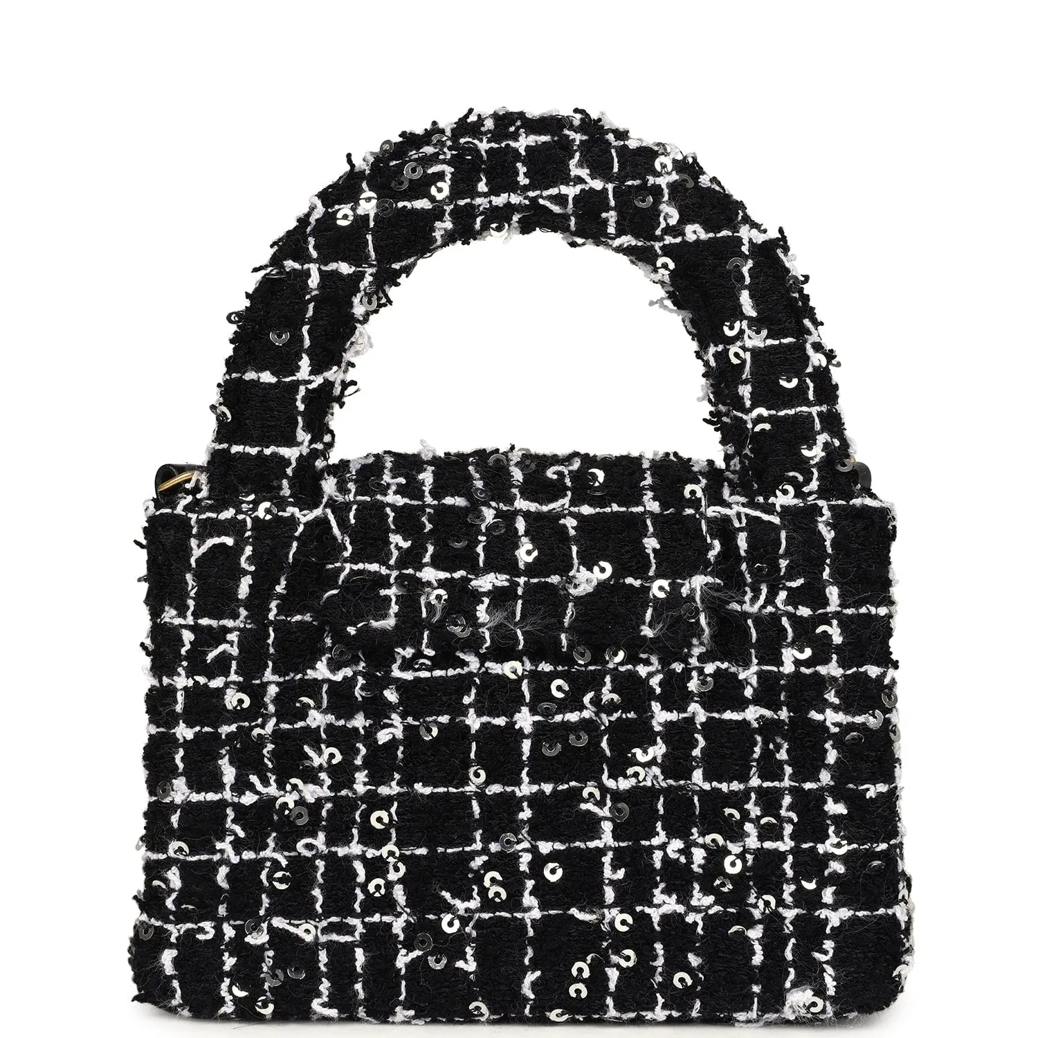 Chanel Nano Kelly Shopper Black, White & Sequin Tweed Brushed Gold Hardware