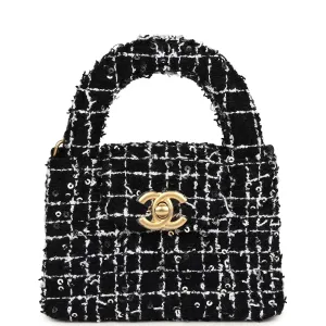 Chanel Nano Kelly Shopper Black, White & Sequin Tweed Brushed Gold Hardware