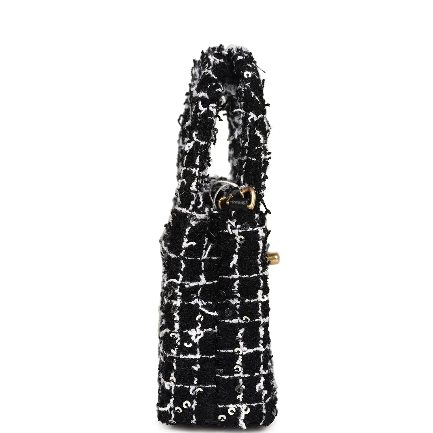 Chanel Nano Kelly Shopper Black, White & Sequin Tweed Brushed Gold Hardware