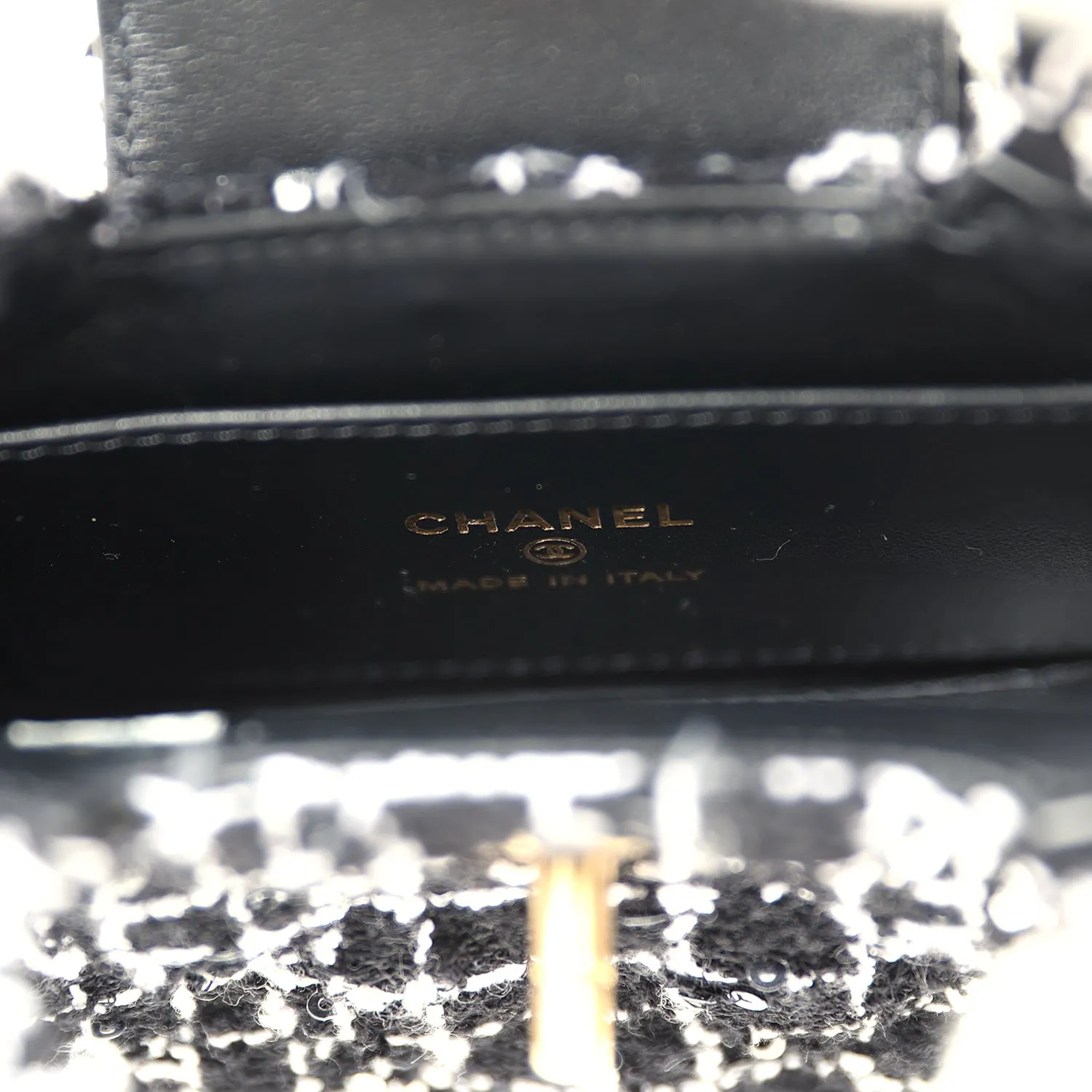 Chanel Nano Kelly Shopper Black, White & Sequin Tweed Brushed Gold Hardware