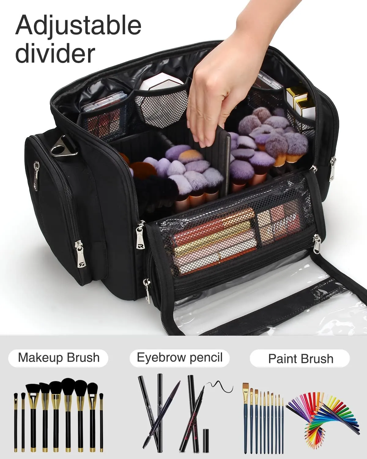 Clear Extra Large Makeup Brush Holder with Adjustable Strap and Dividers Black