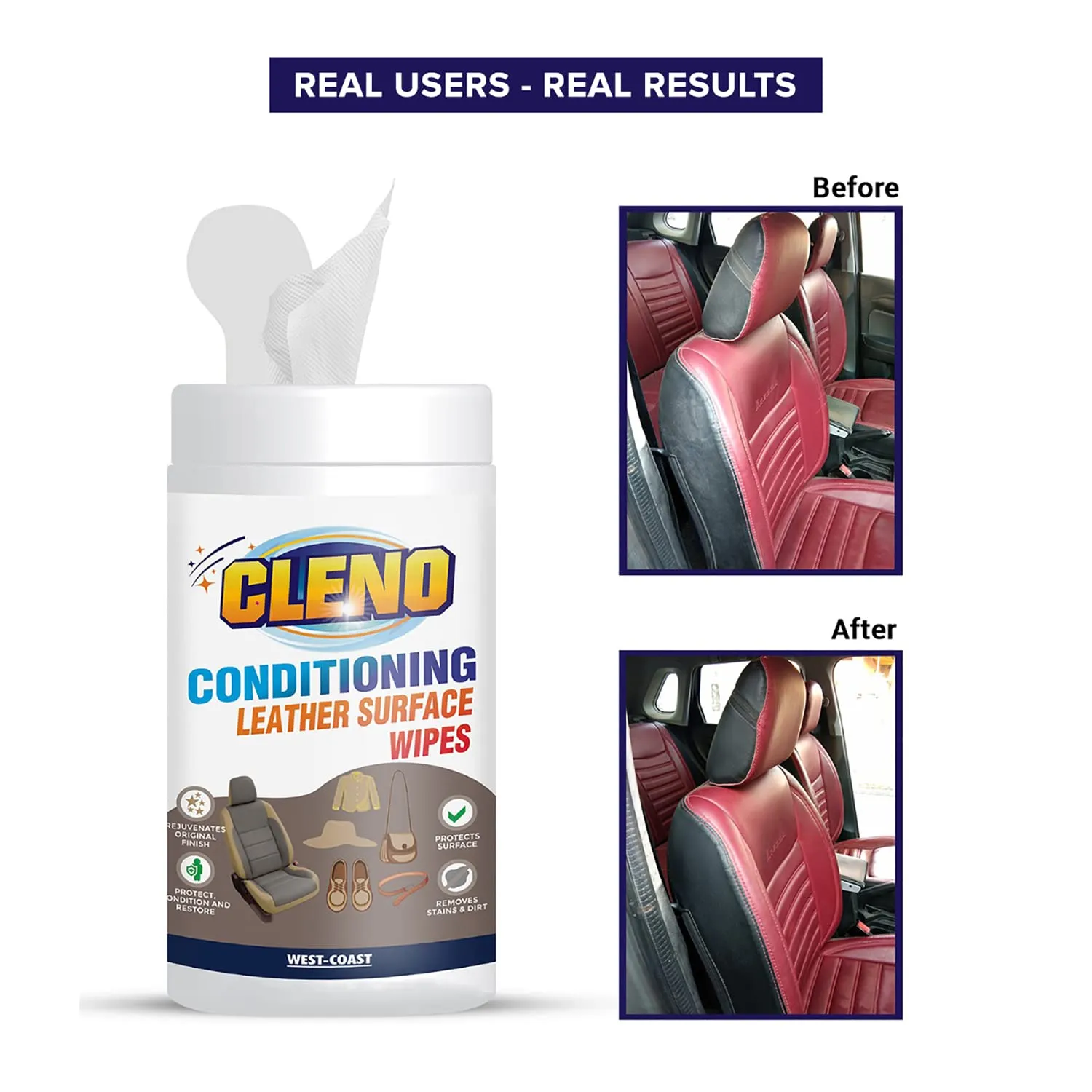 Cleno Conditioning Leather Surface Wet Wipes for Sofas/Bags/Leather Clothes/Car Seat/Leather Interior/Briefcases/Shoes/Handbags Restores Polish & Gives Shine - 50 Wipes (Ready to Use) (Pack of 3)