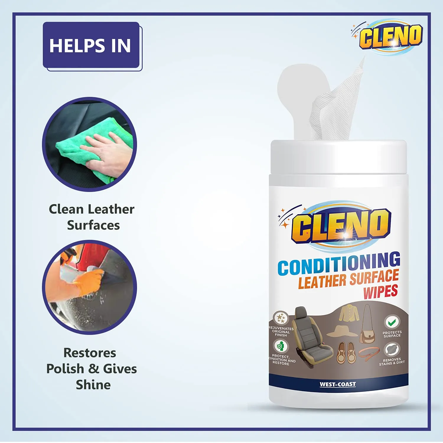 Cleno Conditioning Leather Surface Wet Wipes for Sofas/Bags/Leather Clothes/Car Seat/Leather Interior/Briefcases/Shoes/Handbags Restores Polish & Gives Shine - 50 Wipes (Ready to Use) (Pack of 4)