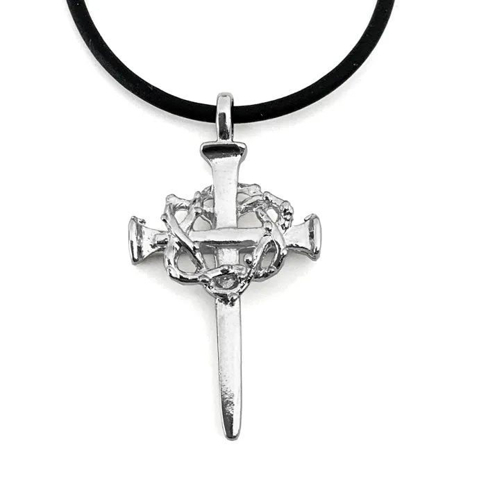 Crown Of Thorns Nail Cross Necklace Rhodium Finish