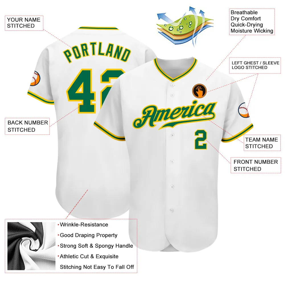 Custom White Kelly Green-Gold Authentic Baseball Jersey