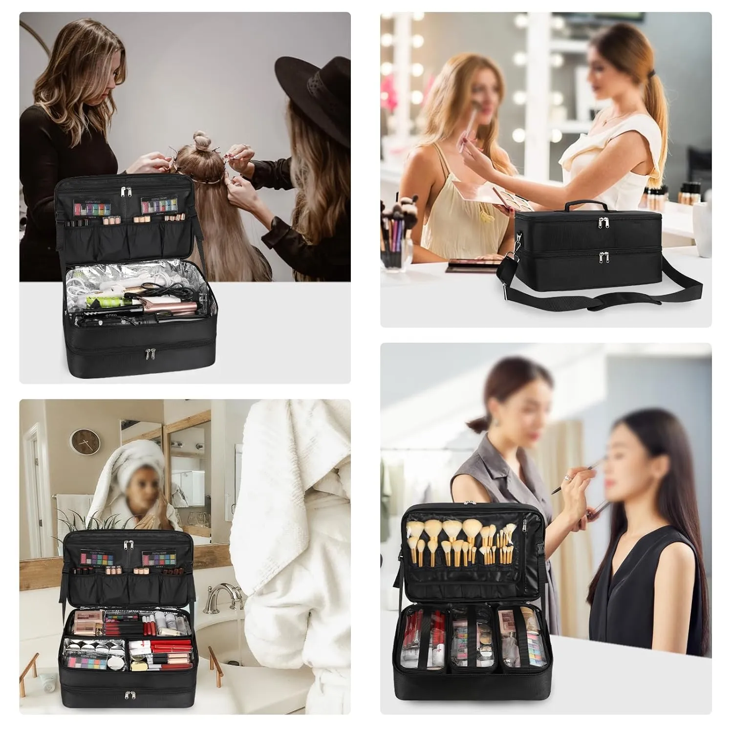 Double Layer Extra Large Makeup Case with 3 Detachable compartments and 3 Makeup Bags