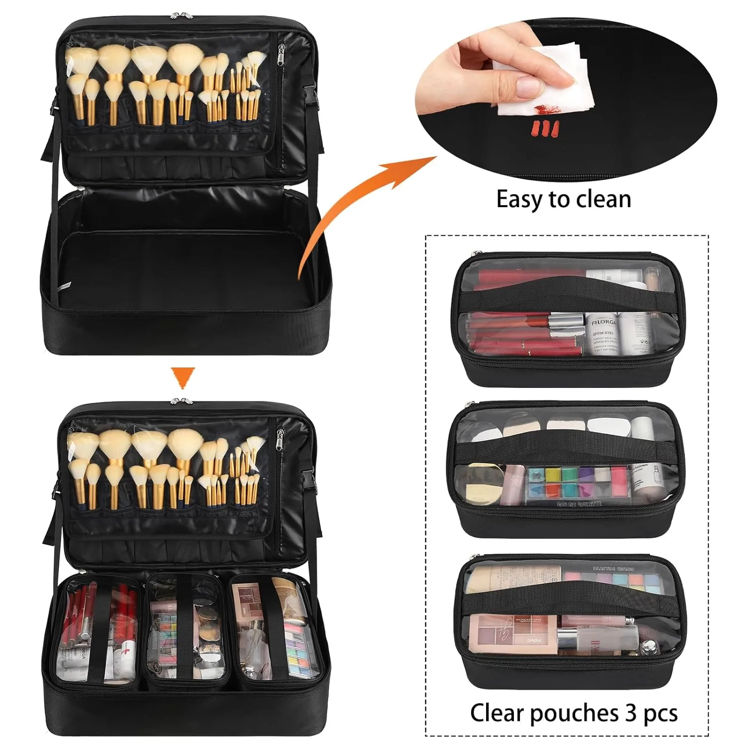 Double Layer Extra Large Makeup Case with 3 Detachable compartments and 3 Makeup Bags