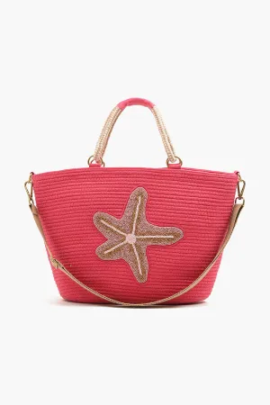 Embellished Jute Tote with Crossbody Strap-Pink Starfish