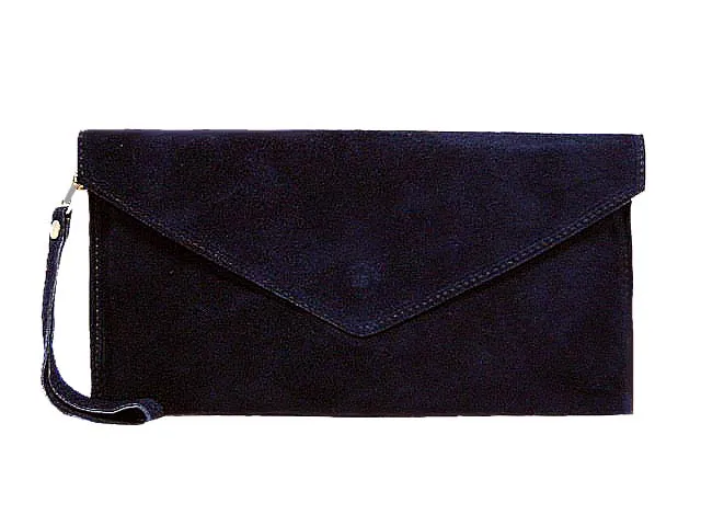 GENUINE SUEDE NAVY BLUE OVER-SIZED ENVELOPE CLUTCH BAG / SHOULDER BAG WITH LONG SHOULDER STRAP