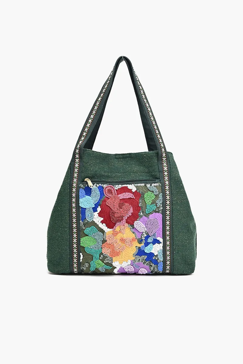 Green Triple Entry Embellished Shoulder Bag