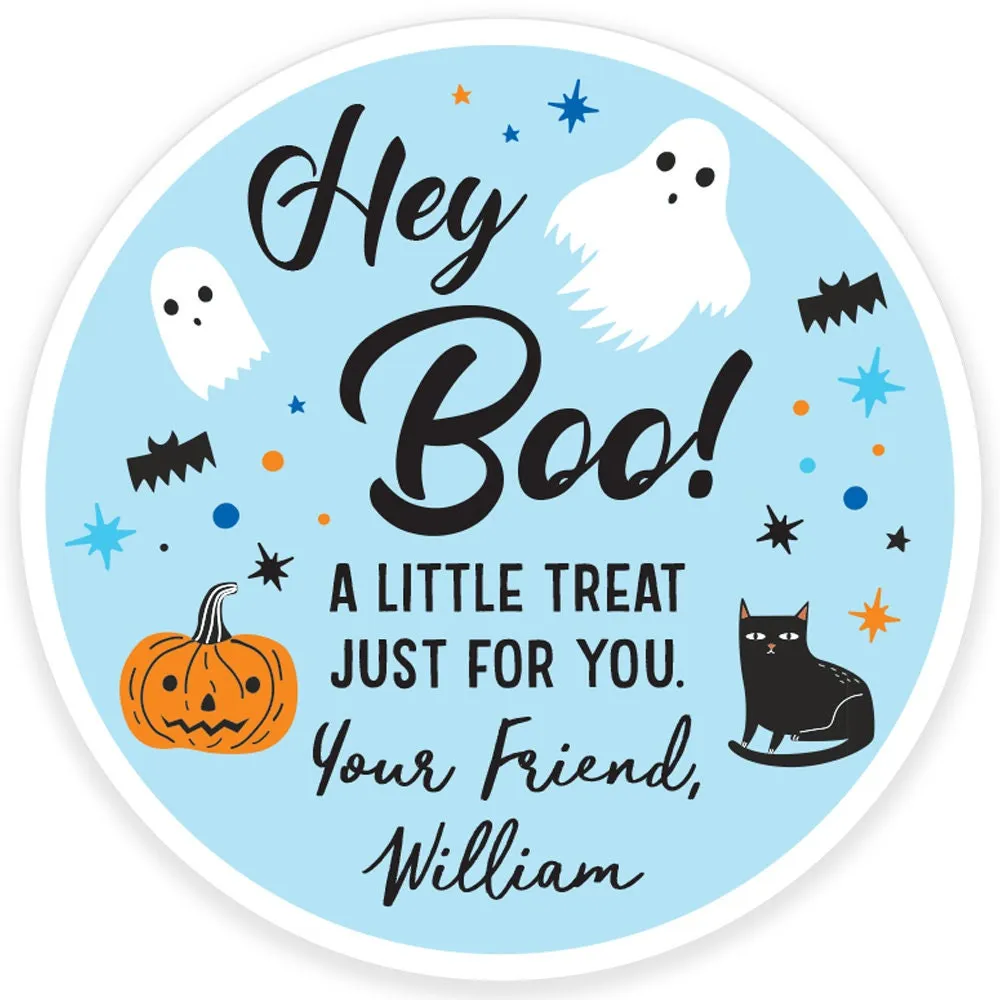 Halloween Party Treat Bag Stickers, Hey Boo Blue Halloween Stickers, School Halloween Favor Trick Or Treat Stickers, Class Treat - Set of 24