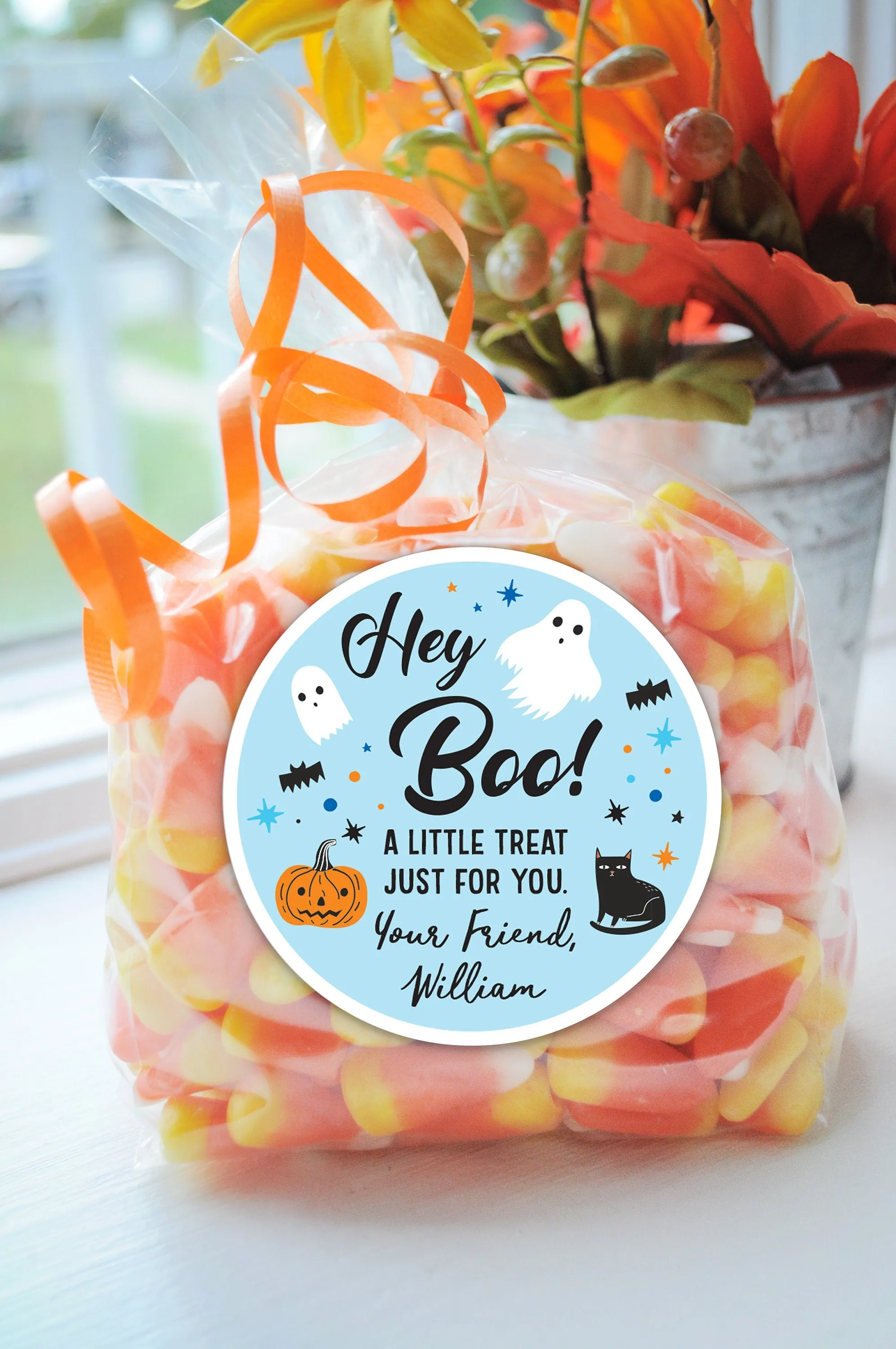 Halloween Party Treat Bag Stickers, Hey Boo Blue Halloween Stickers, School Halloween Favor Trick Or Treat Stickers, Class Treat - Set of 24