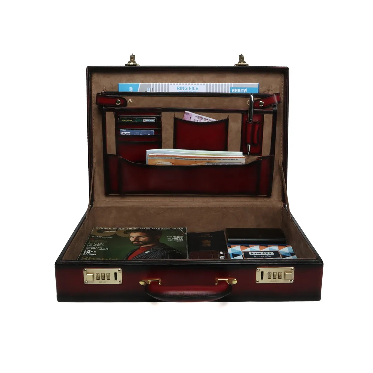 Hand-Painted Office Briefcase In Wine Leather Hard Case With Numeric Lock