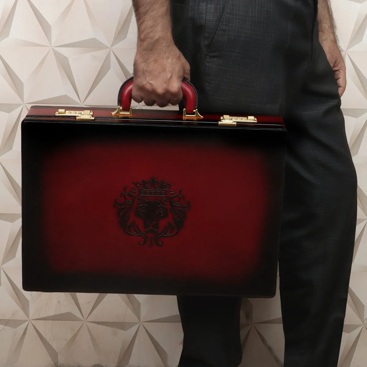 Hand-Painted Office Briefcase In Wine Leather Hard Case With Numeric Lock