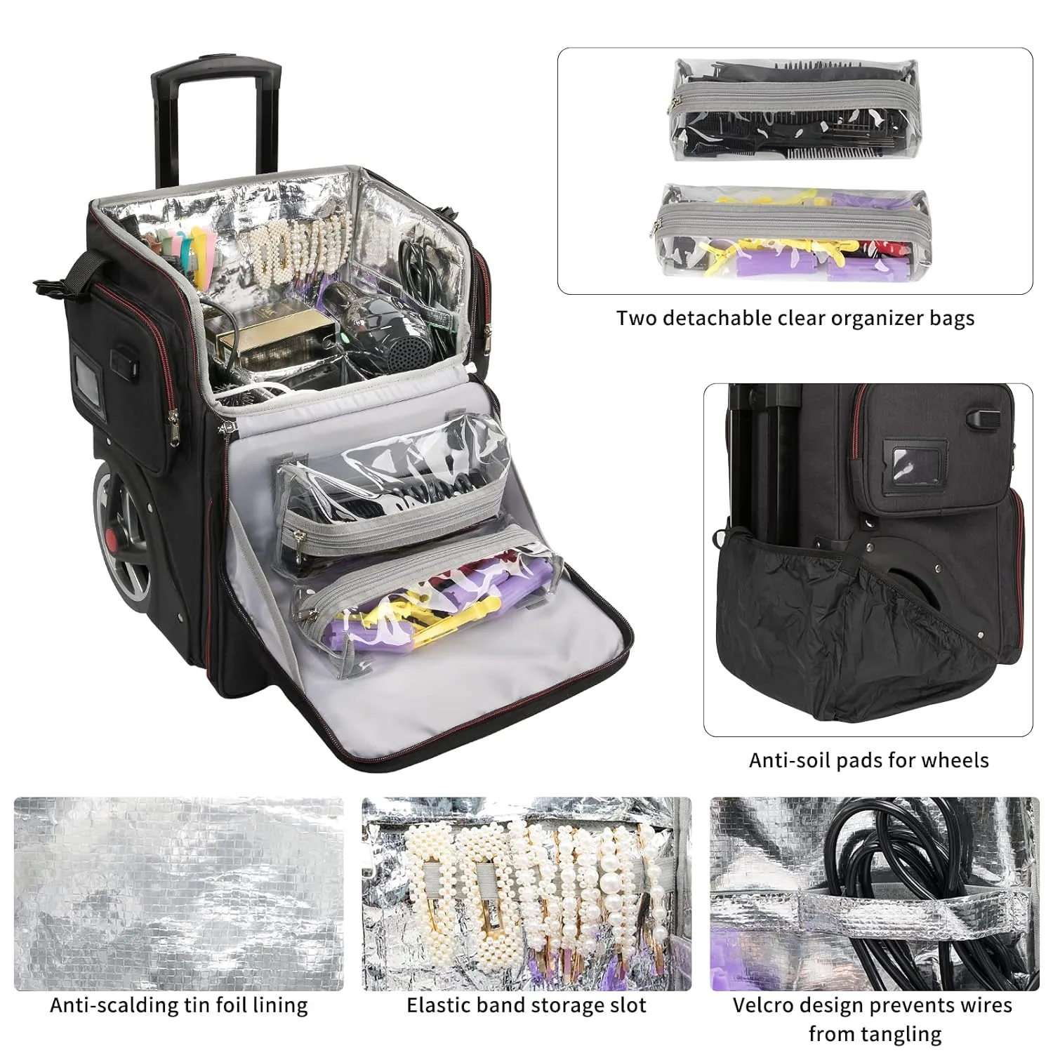 Large Barber Case,Rolling Travel Cosmetic Train Case with Anti-scalding layer of tin foil,Black