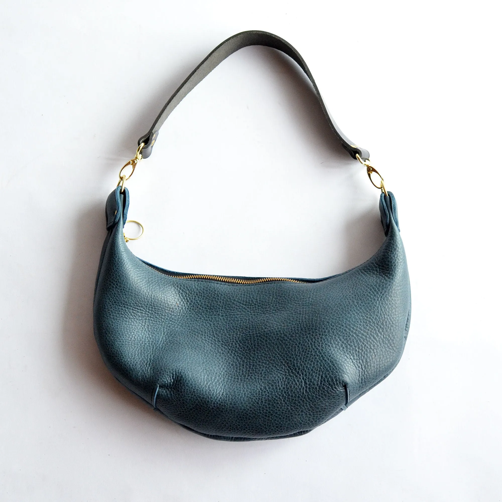 Leather HOBO Crossbody Bag - Navy Blue Leather