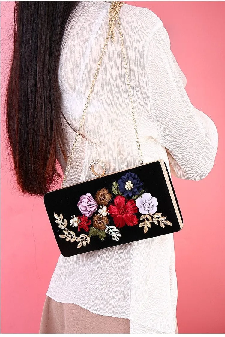 Luxy Moon Black Evening Clutch Bags Handmade Embroidery Flower