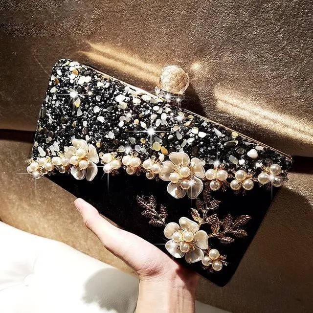 Luxy Moon Flower Evening Bags with Pearl Embellishment