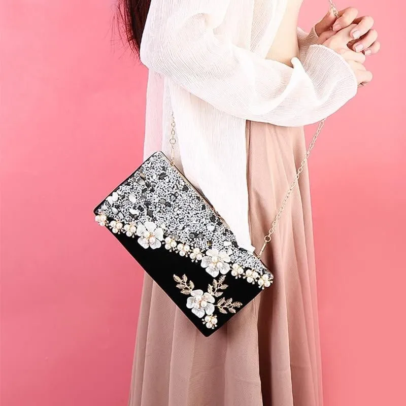 Luxy Moon Flower Evening Bags with Pearl Embellishment