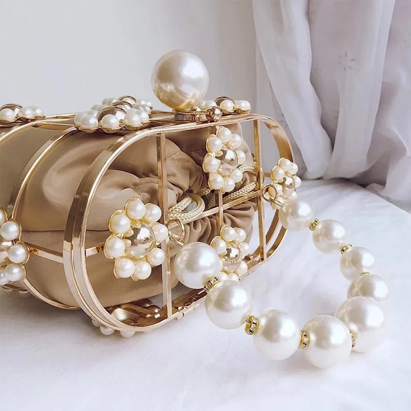 Luxy Moon Hollow Pearl Flowers Metallic Wedding Clutch Purse Mini Bucket Handbag