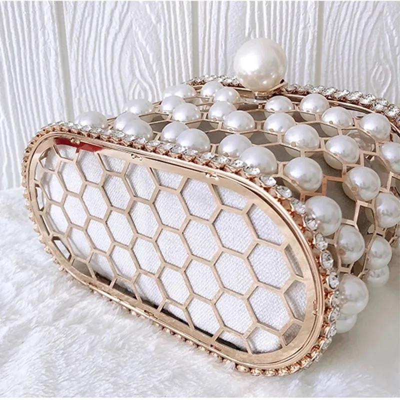 Luxy Moon Pearl Women's Handbag Wedding Clutch Purse Metal Basket Shoulder Bag