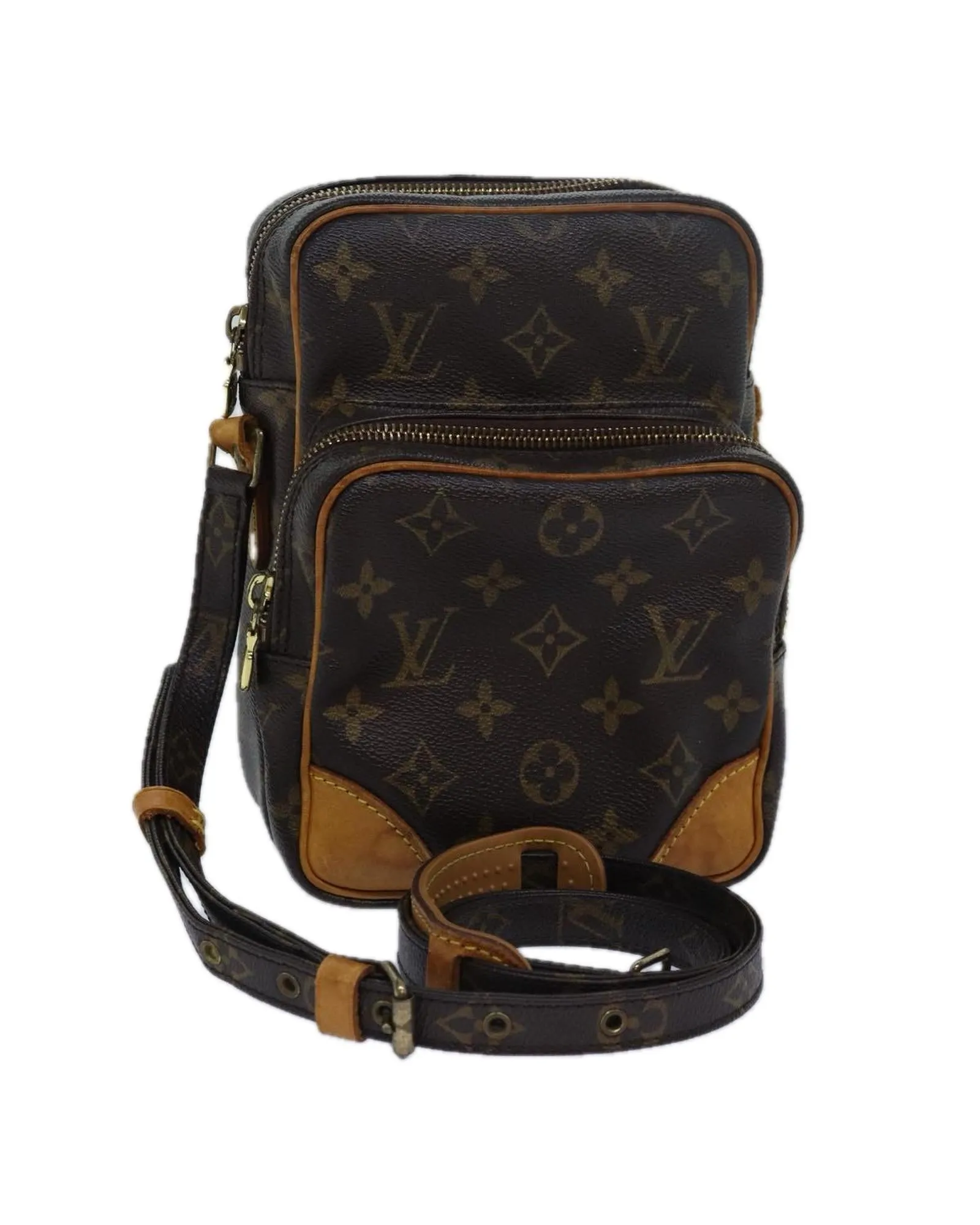 Monogram Canvas Shoulder Bag with Adjustable Strap and Dual Compartments