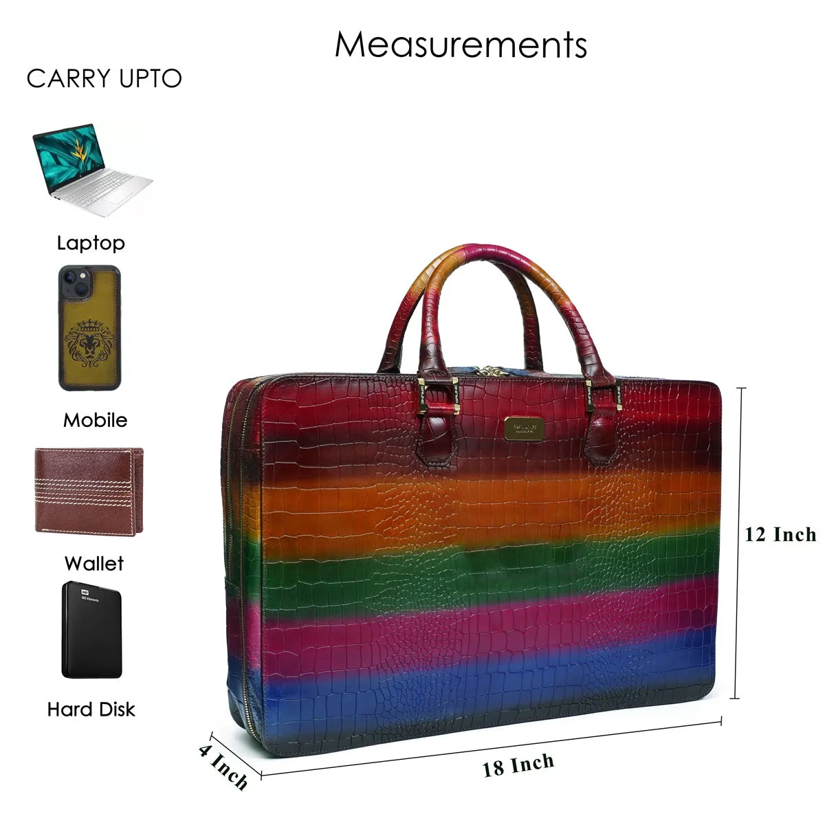 Multicolor Laptop Briefcase in  Deep Cut Croco Textured Leather