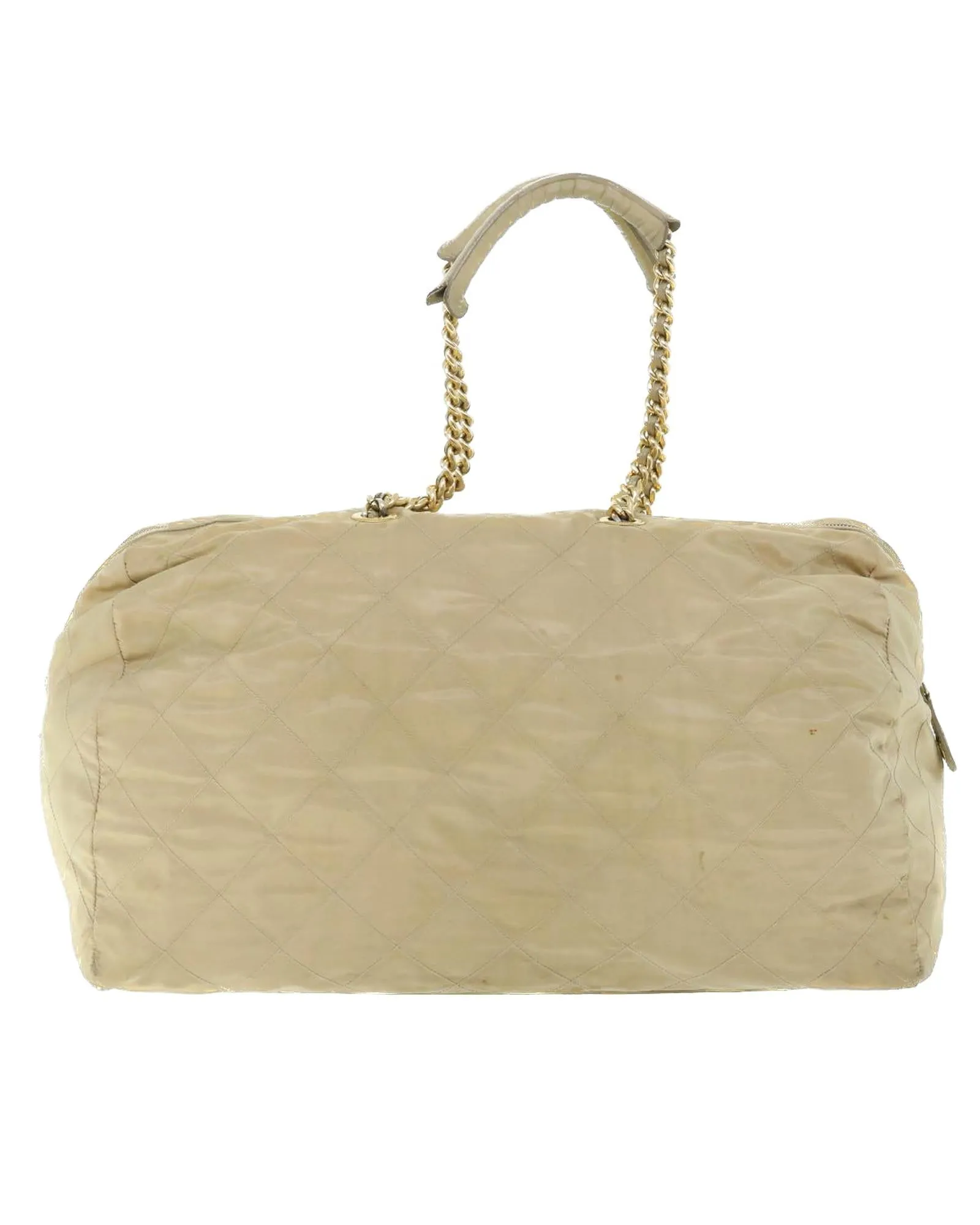 Quilted Nylon Boston Bag with Chain Strap - Cream/Beige