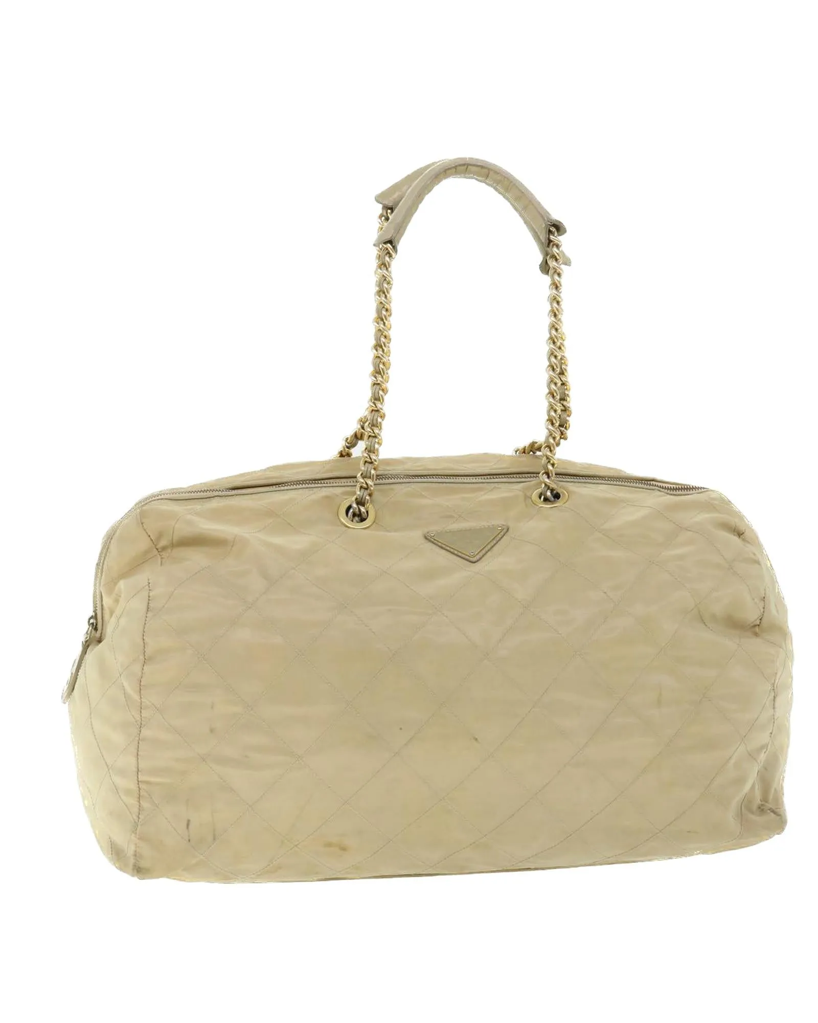 Quilted Nylon Boston Bag with Chain Strap - Cream/Beige