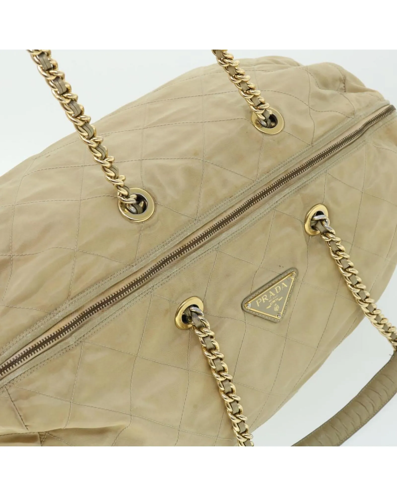 Quilted Nylon Boston Bag with Chain Strap - Cream/Beige