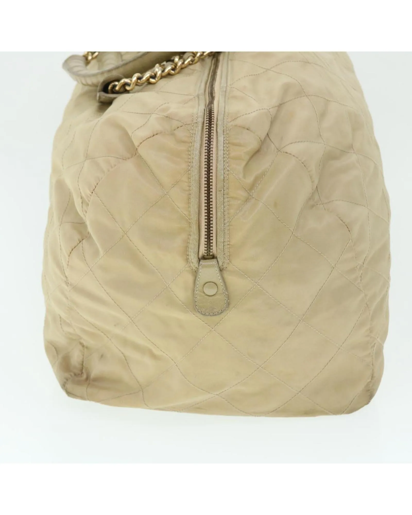 Quilted Nylon Boston Bag with Chain Strap - Cream/Beige