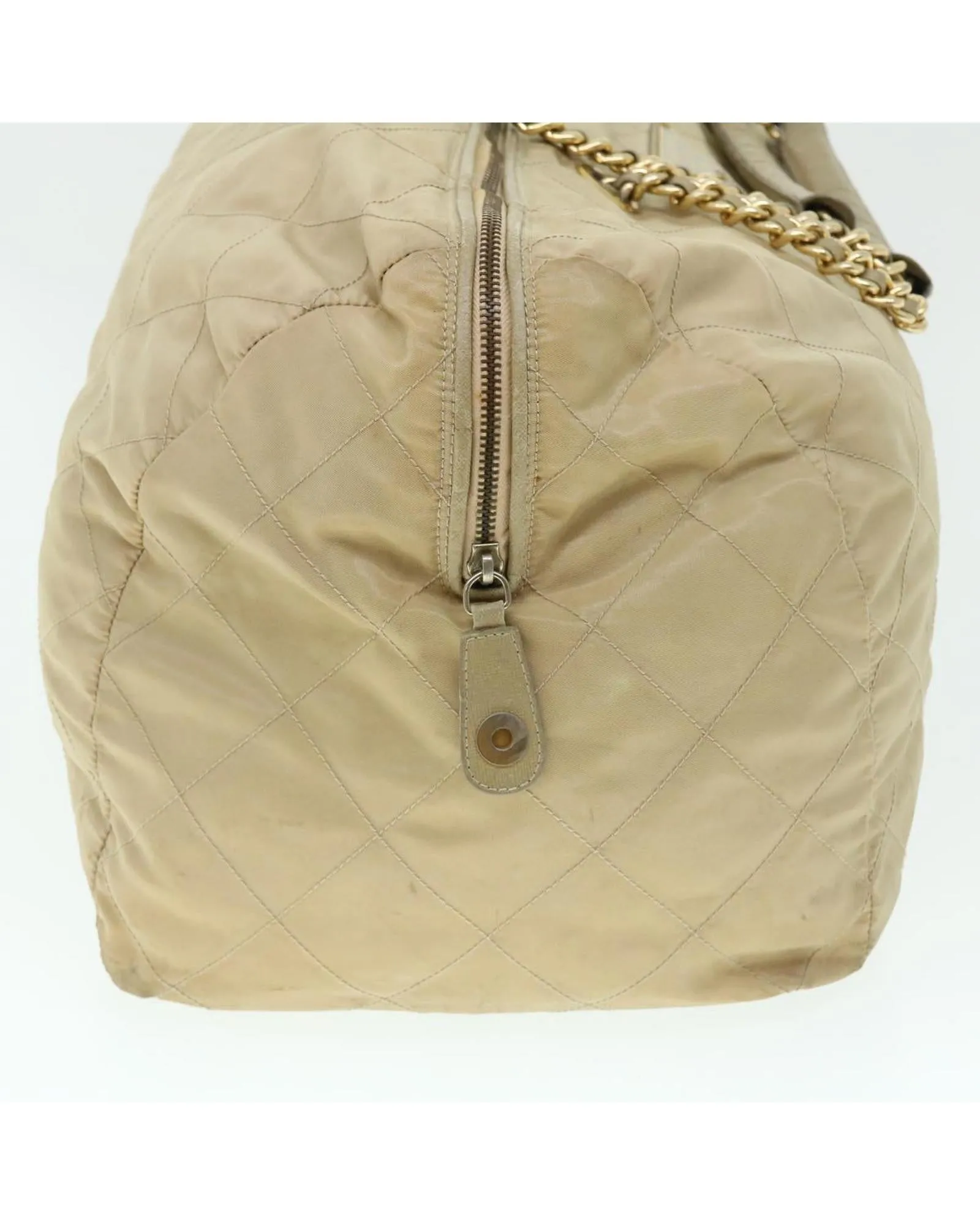 Quilted Nylon Boston Bag with Chain Strap - Cream/Beige