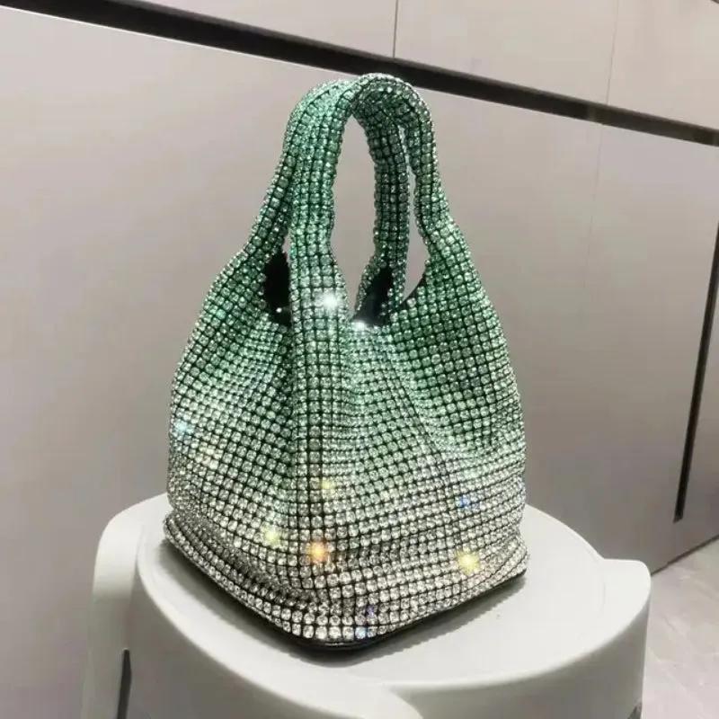 Sparkling Rhinestone Embellished Gradient Color Bucket Bag