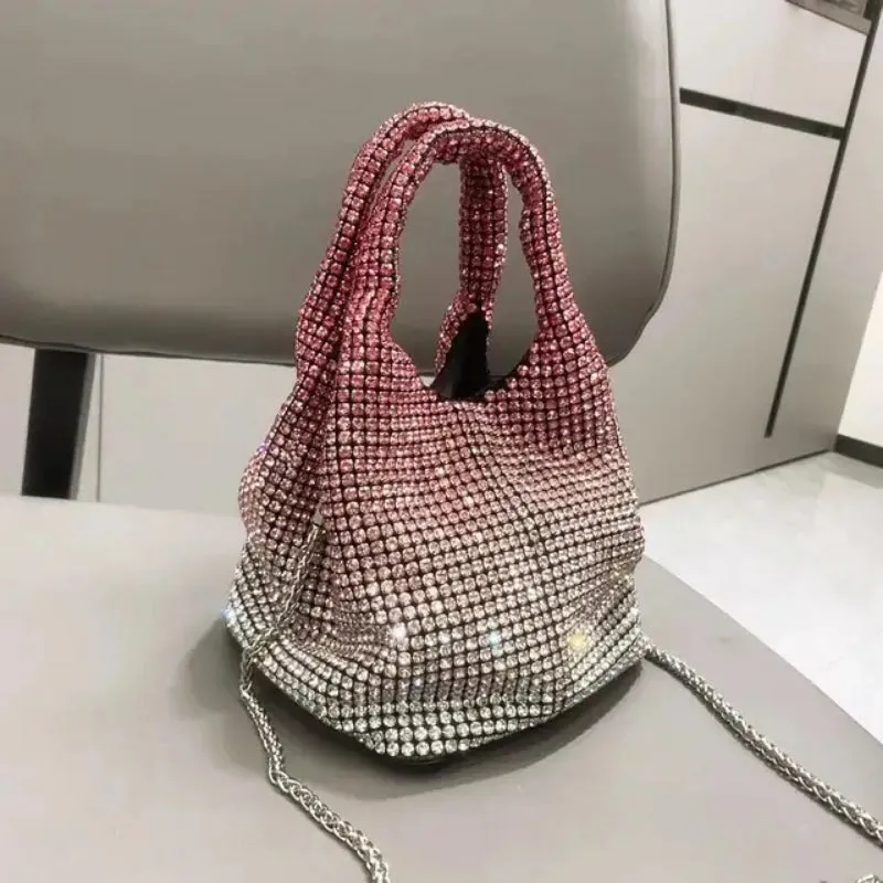 Sparkling Rhinestone Embellished Gradient Color Bucket Bag