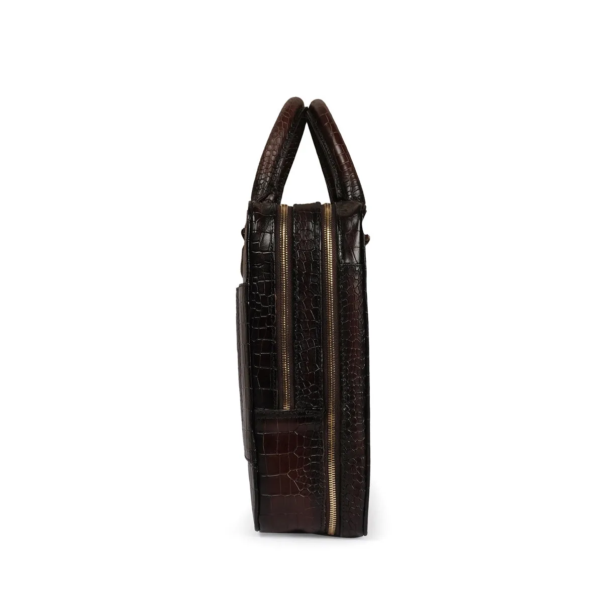 Stylish Dark Brown Laptop Briefcase in Cut Croco Leather