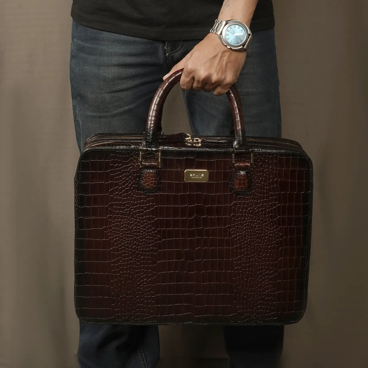 Stylish Dark Brown Laptop Briefcase in Cut Croco Leather