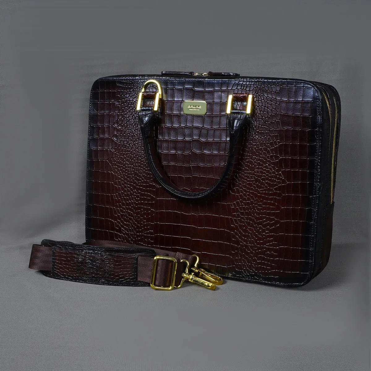 Stylish Dark Brown Laptop Briefcase in Cut Croco Leather