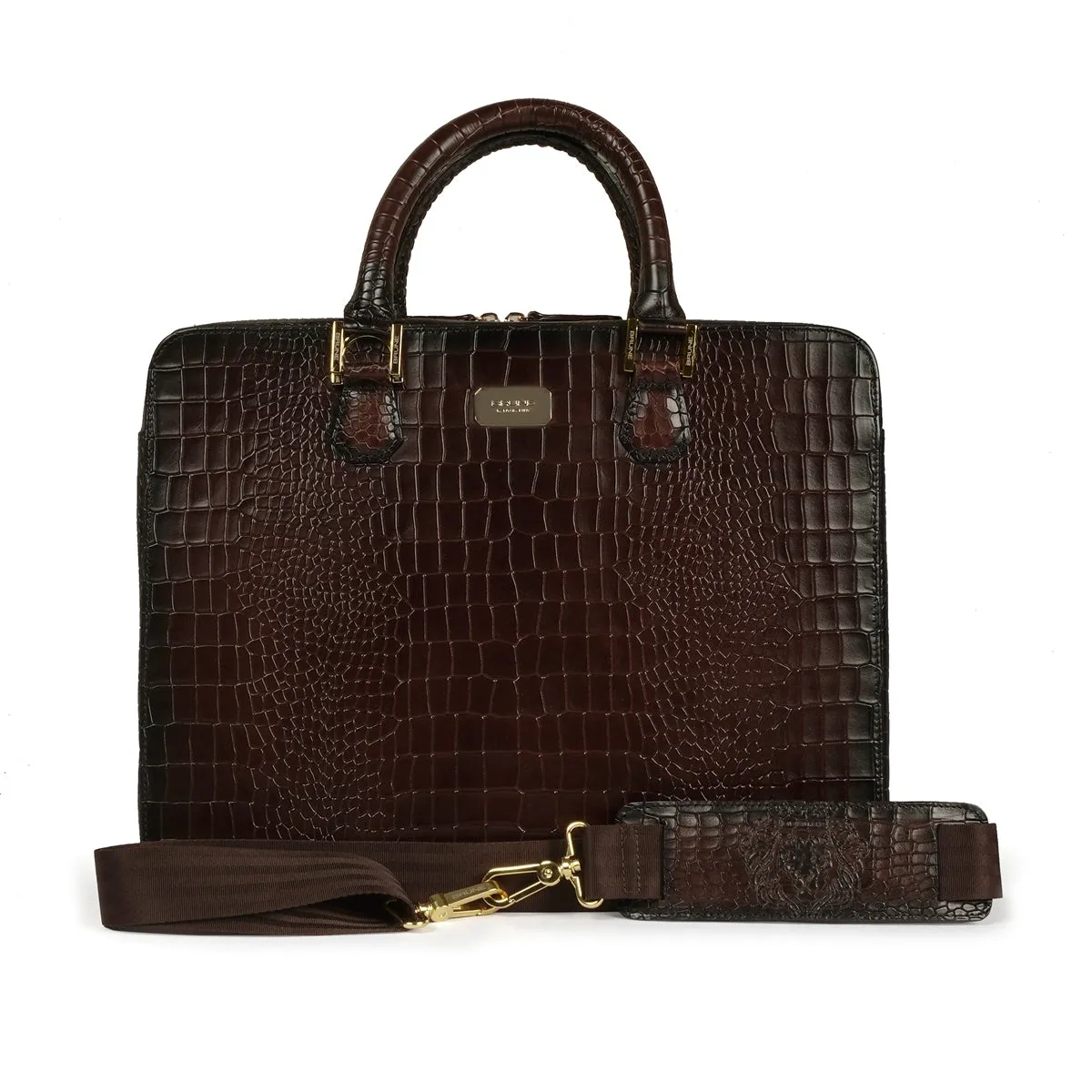 Stylish Dark Brown Laptop Briefcase in Cut Croco Leather