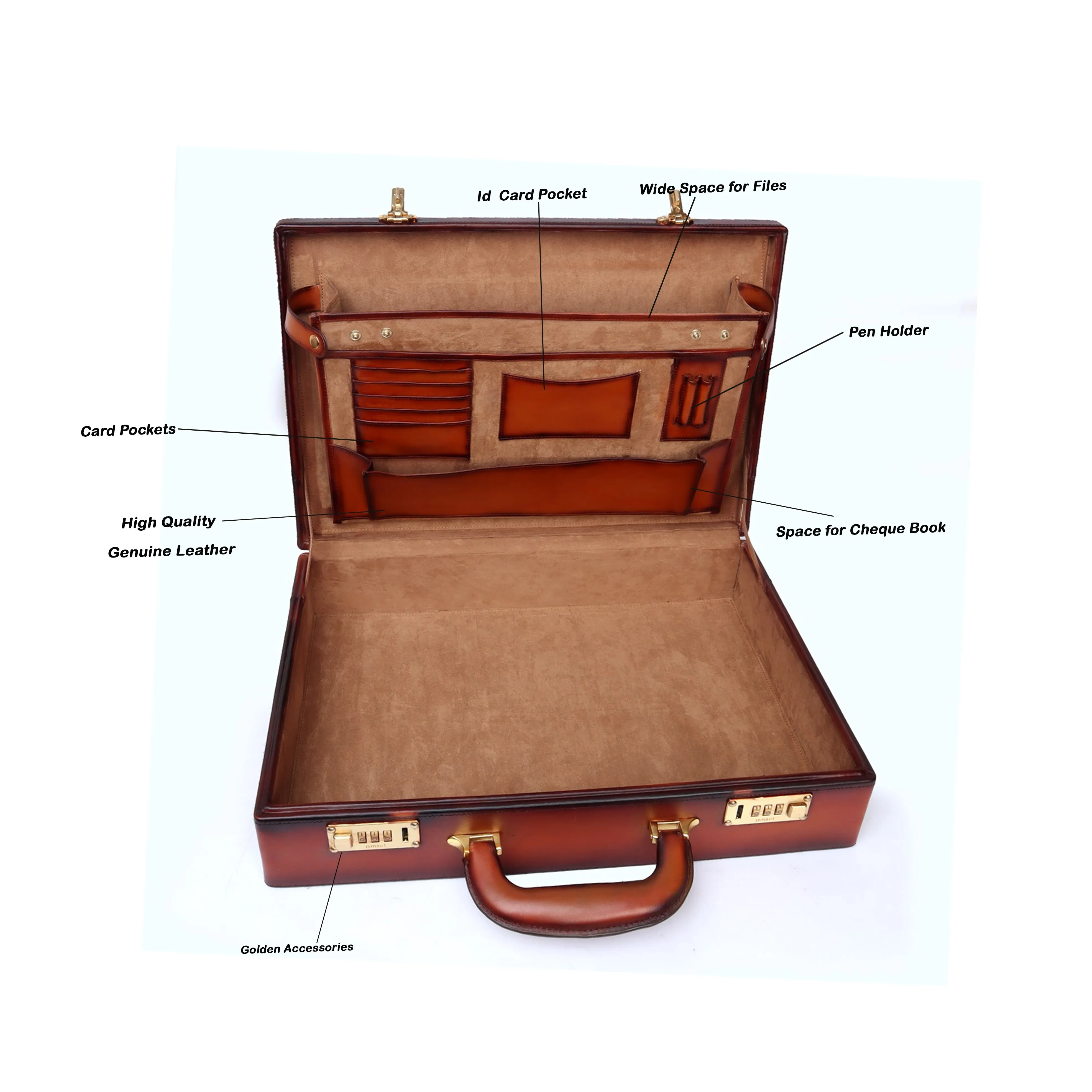 Tan hand painted office briefcase in hard case with number lock system