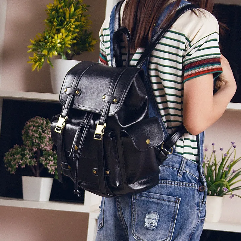 Vintage Leather Backpack Women Fashion Big Drawstring Backpack School Travel Bag