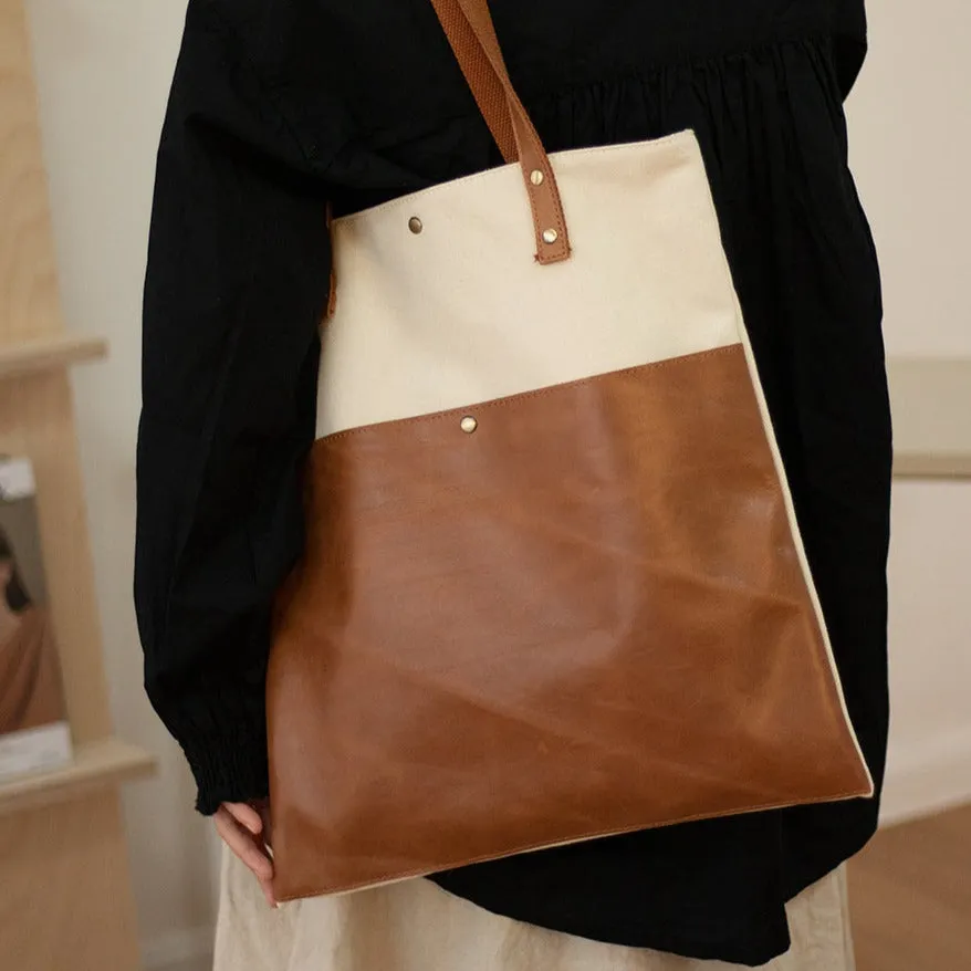 White&Brown Canvas Tote Bag Canvas Leather Handbags Womens Canvas Leather Totes Bag for Men