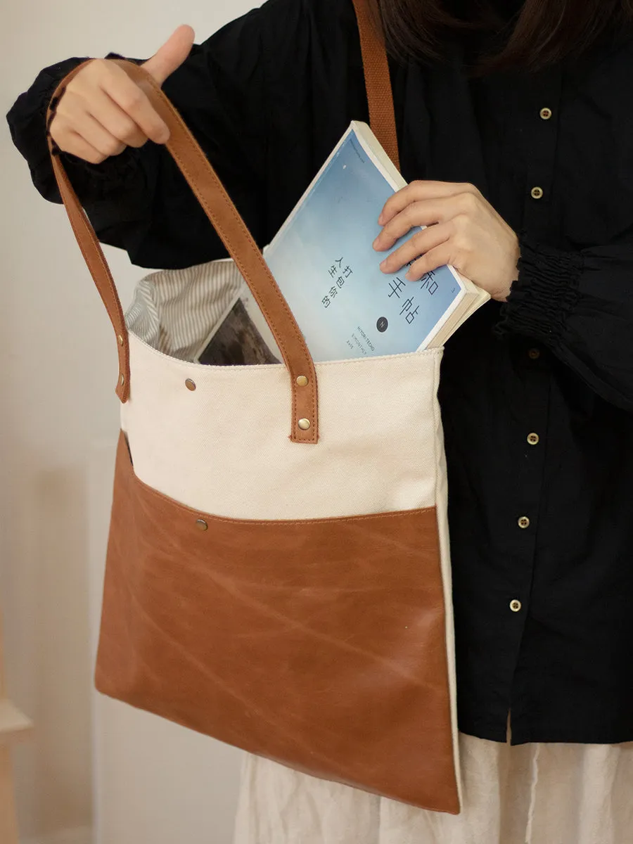 White&Brown Canvas Tote Bags Canvas Leather Handbags Womens Canvas Leather Tote Bag for Men